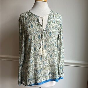 Dylan Bohemian Print Long Sleeve Top Blue Green Lightweight Tie front Small EUC